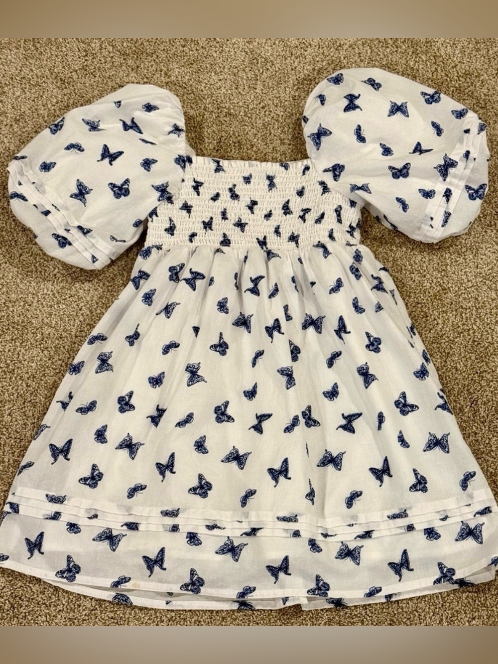Janie and Jack White Dress with Navy Butterfly Print and Puff Sleeves